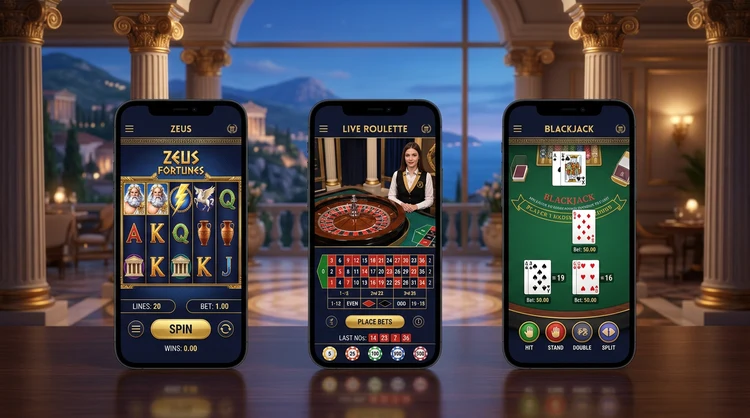 Three phones showing slots, live roulette and blackjack in a unified navy and gold UI