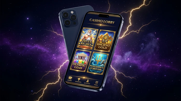 Smartphone mockup showing a dark navy casino lobby with gold game tiles