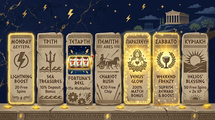 Weekly calendar as Greek stone tablets highlighting weekend reloads and midweek spins