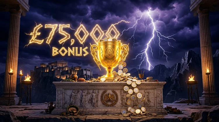 Zeus-themed illustration of a golden trophy and coins on a marble altar with lightning and storm sky