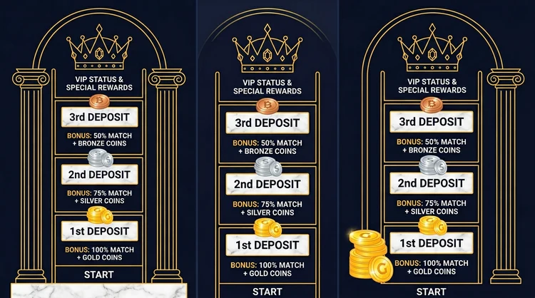 Vertical bonus ladder from first deposits to VIP with Greek columns on navy