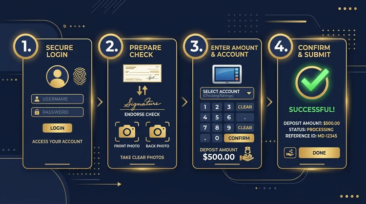 Four illustrated steps to make a mobile deposit from login to confirmation