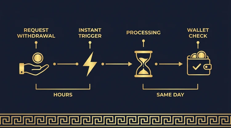 Horizontal timeline of a withdrawal from request through processing to funds in your account