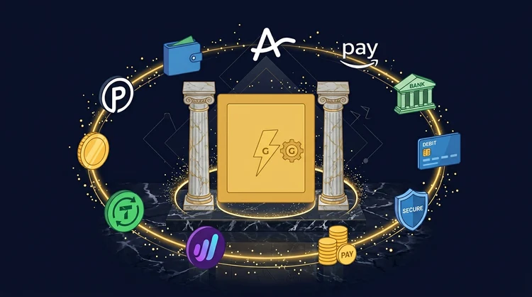 Isometric vault with thunderbolt and symbolic UK payment method icons on navy