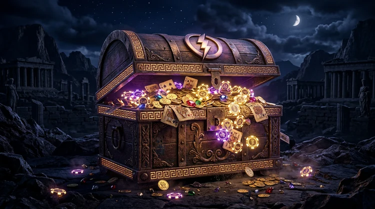 Greek treasure chest with gold coins, cards and chips in purple and gold light