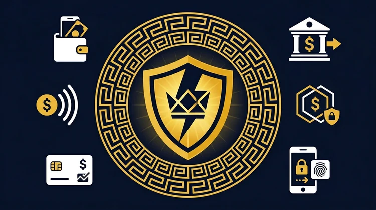 Symbolic payment icons around a golden shield with a thunderbolt on navy