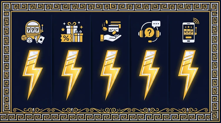 Illustrated casino review scorecard with category bars in gold on a navy background