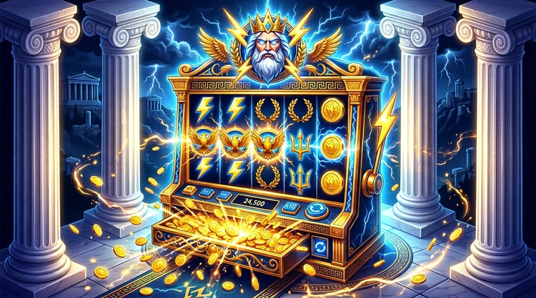Stylised Zeus-themed slot machine with lightning, columns and gold coins