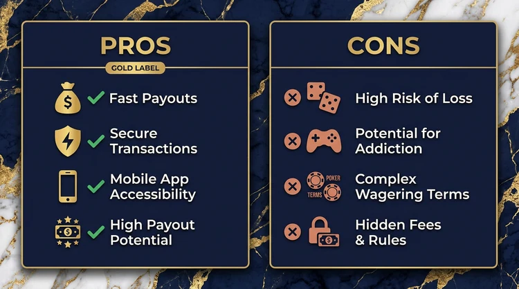 Side-by-side pros and cons panels with flat icons on a dark navy background