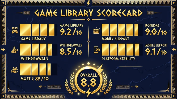 Greek stone tablet graphic summarising Cazeus review category scores and overall rating
