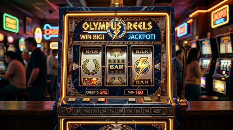 Retro three-reel slot with Greek-style symbols, marble trim and gold neon glow