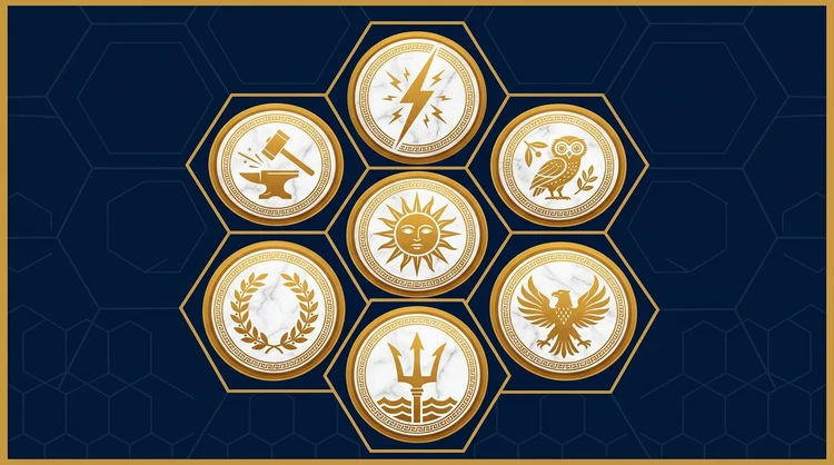 Honeycomb of seven mythic shield emblems representing game providers in symbolic style