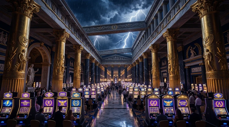 Greek temple interior as a casino with marble aisles, columns and glowing slot machines under a stormy sky