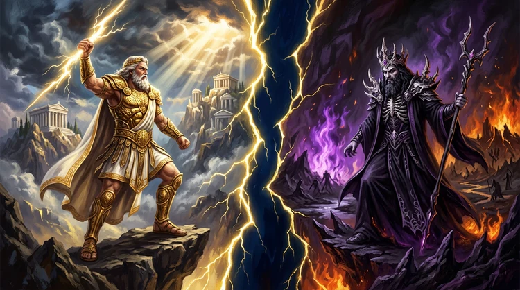 Split illustration of Zeus on Olympus and Hades in the underworld facing across a bolt of light